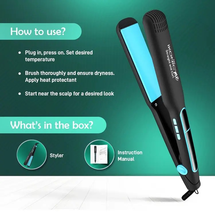 IKONIC 2 IN 1 STRAIGHT & CURL WIDE HAIR IRON- BLACK & TEAL