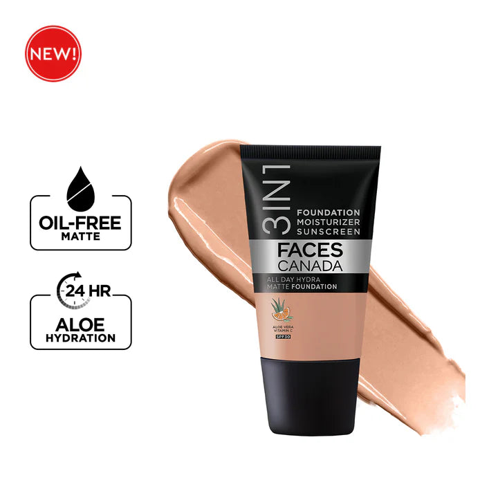 FACES CANADA 3 IN 1 ALL DAY HYDRA MATTE FOUNDATION CARAMEL NATURAL 18 ML