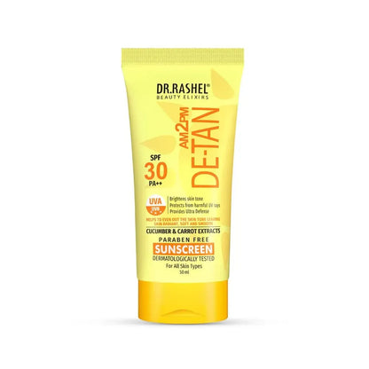 DR.RASHEL BEAUTY ELIXIRS AM 2 PM DE TAN SUNSCREEN SPF 30PA++ CUCUMBER CARROT EXTRACT PARABEN FREE 100/ML
