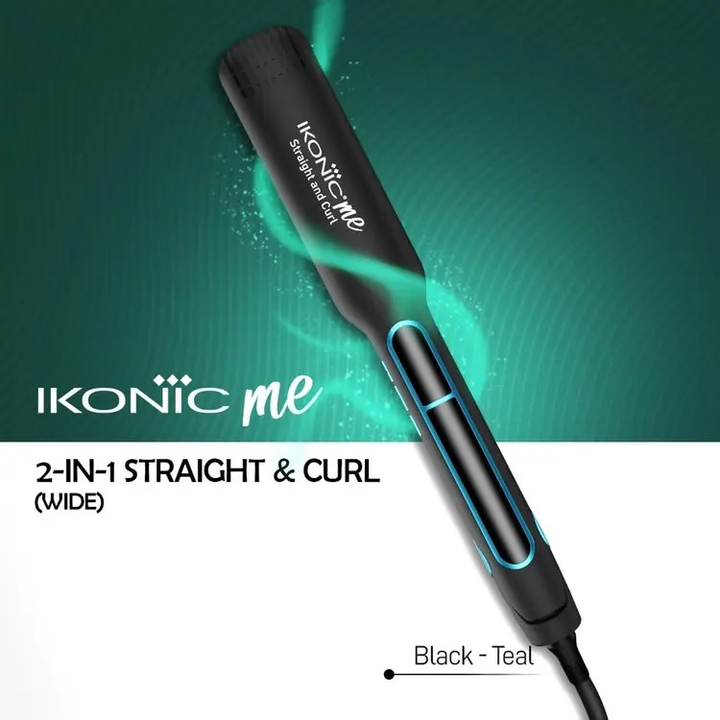 IKONIC 2 IN 1 STRAIGHT & CURL WIDE HAIR IRON- BLACK & TEAL