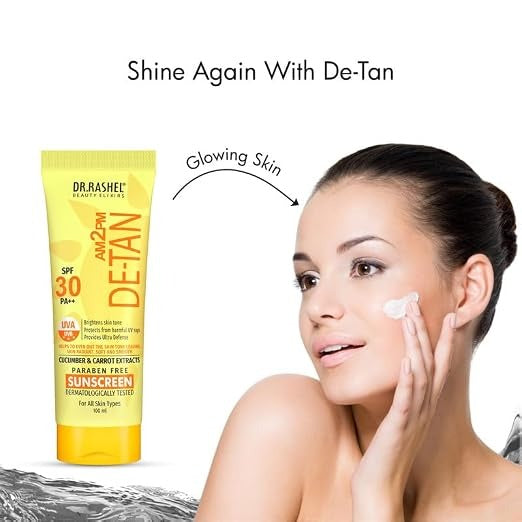 DR.RASHEL BEAUTY ELIXIRS AM 2 PM DE TAN SUNSCREEN SPF 30PA++ CUCUMBER CARROT EXTRACT PARABEN FREE 100/ML
