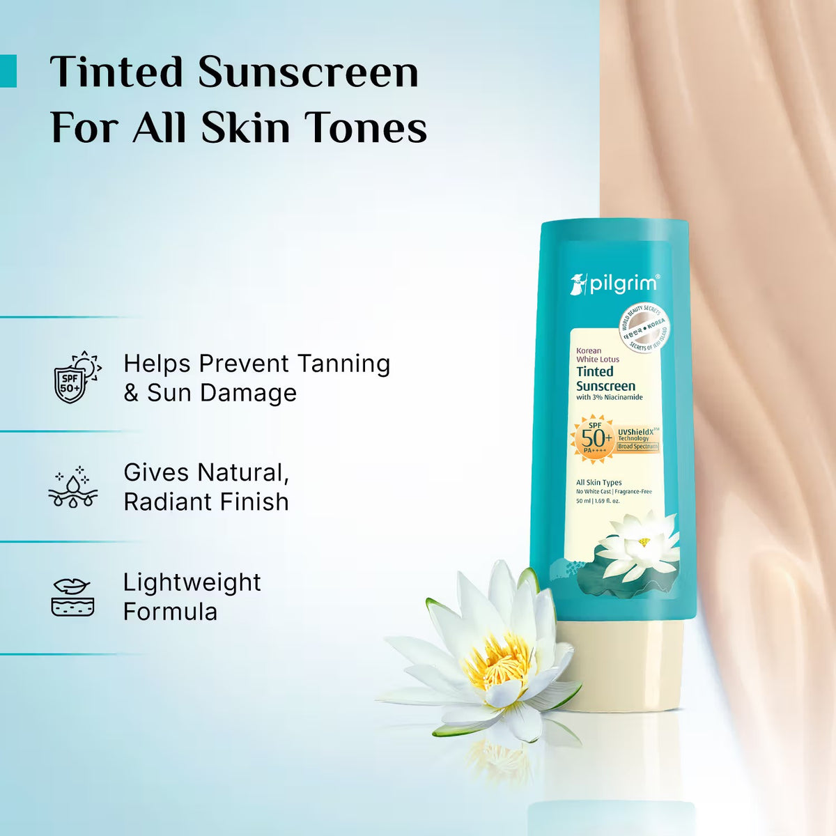 PILGRIM KOREAN WHITE LOTUS TINTED SUNSCREEN SPF 50+ 50ML