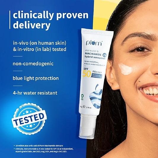 PLUM HYBRID SUNSCREEN SPF 50PA++ RICE WATER & NIACINAMIDE 2% - 50G